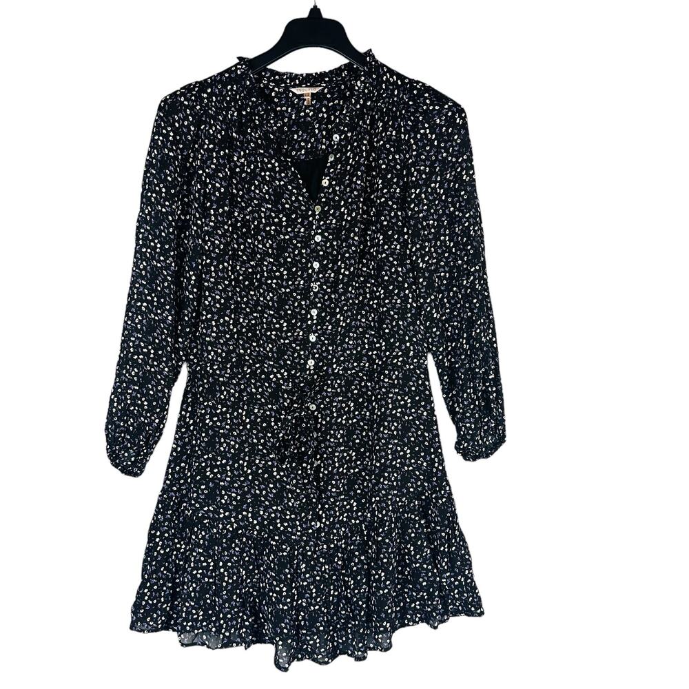 Esqualo Womans Sz 8 Dress Black Floral Button Front Flounce Pleated Long Sleeve